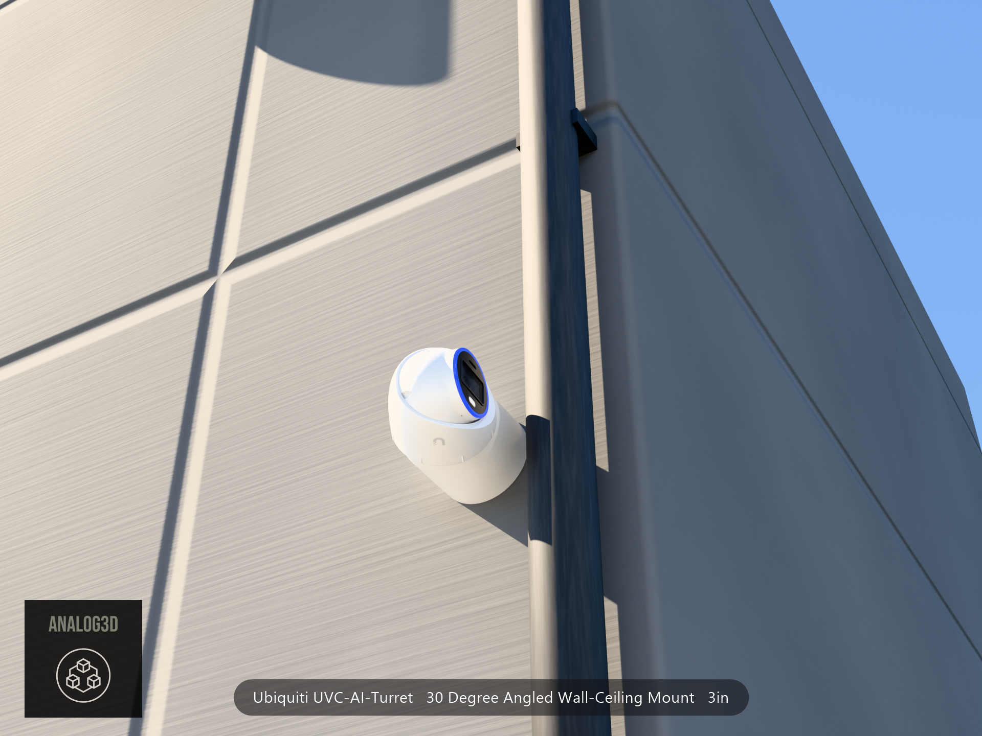 UVC-AI-Turret 30 degree angled wall-ceiling mount (3in ext3) clearing a drain pipe on concrete