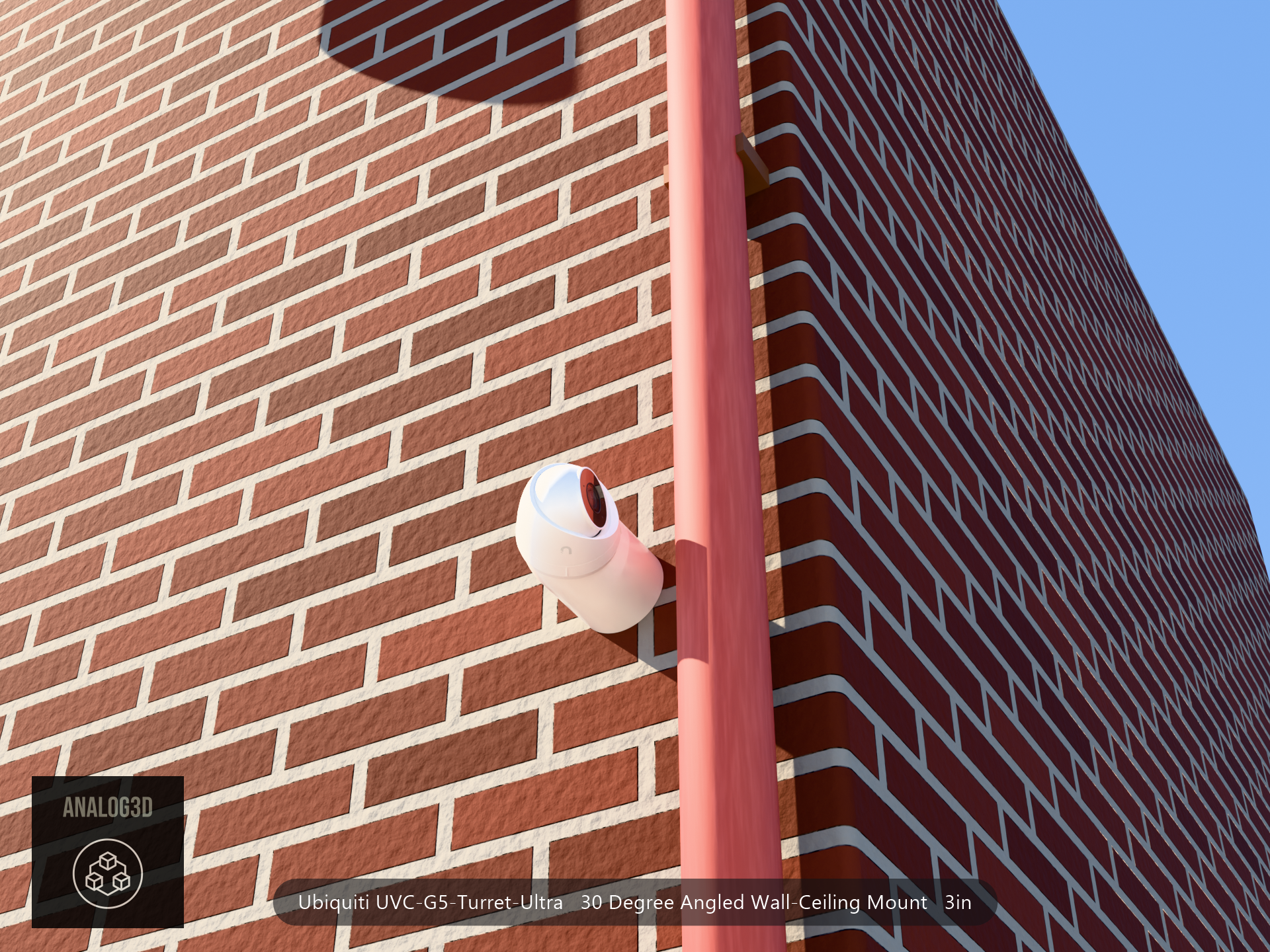 UVC-G5-Turret-Ultra 30 degree angled wall-ceiling mount (3in ext3) clearing a drain pipe on brick