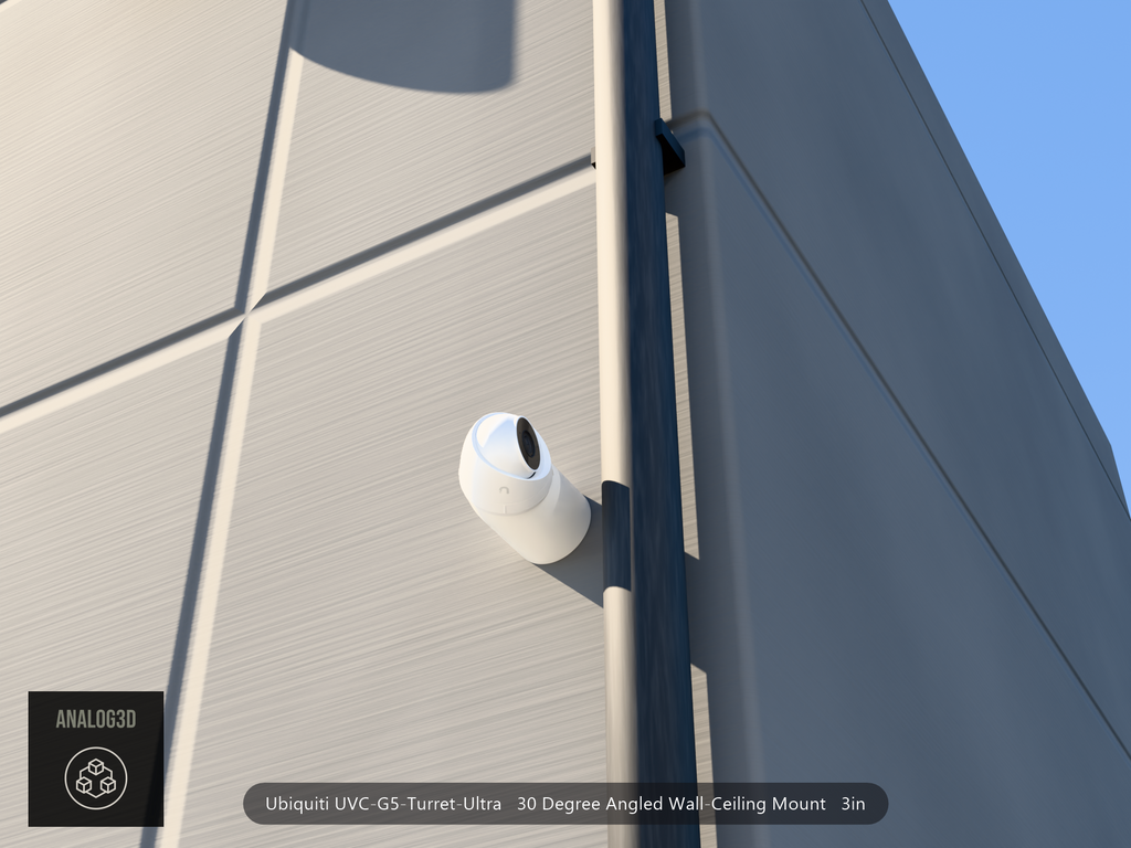 UVC-G5-Turret-Ultra 30 degree angled wall-ceiling mount (3in ext3) clearing a drain pipe on concrete