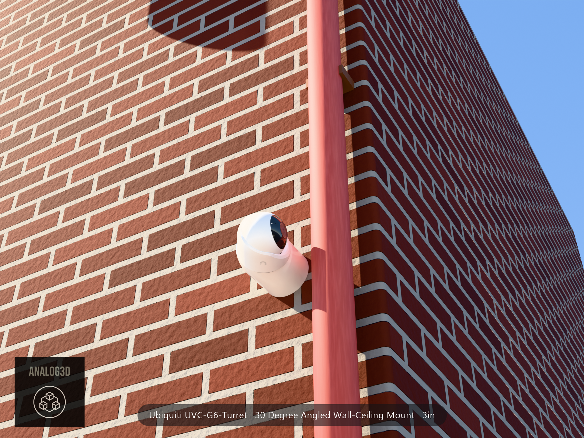 UVC-G6-Turret 30 degree angled wall-ceiling mount (3in ext3) clearing a drain pipe on brick