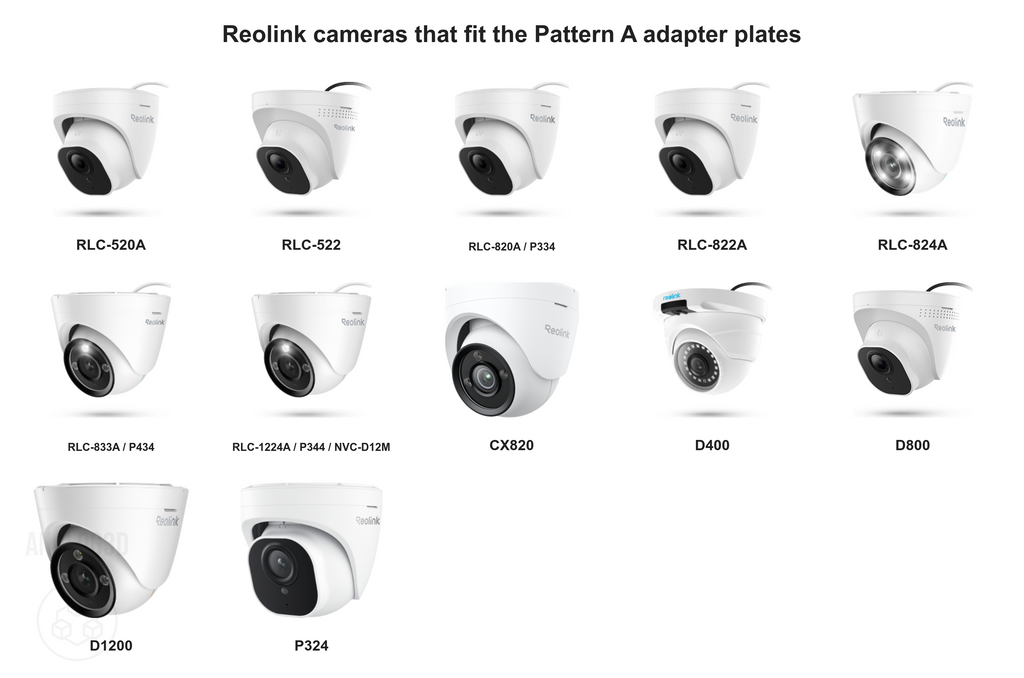 Reolink cameras that fit the Pattern A adapter plates: RLC-520A, RLC-522, RLC-820A / P334, RLC-822A, RLC-824A, RLC-833A / P434, RLC-1224A / P344 / NVC-D12M, CX820, D400, D800, D1200, P324