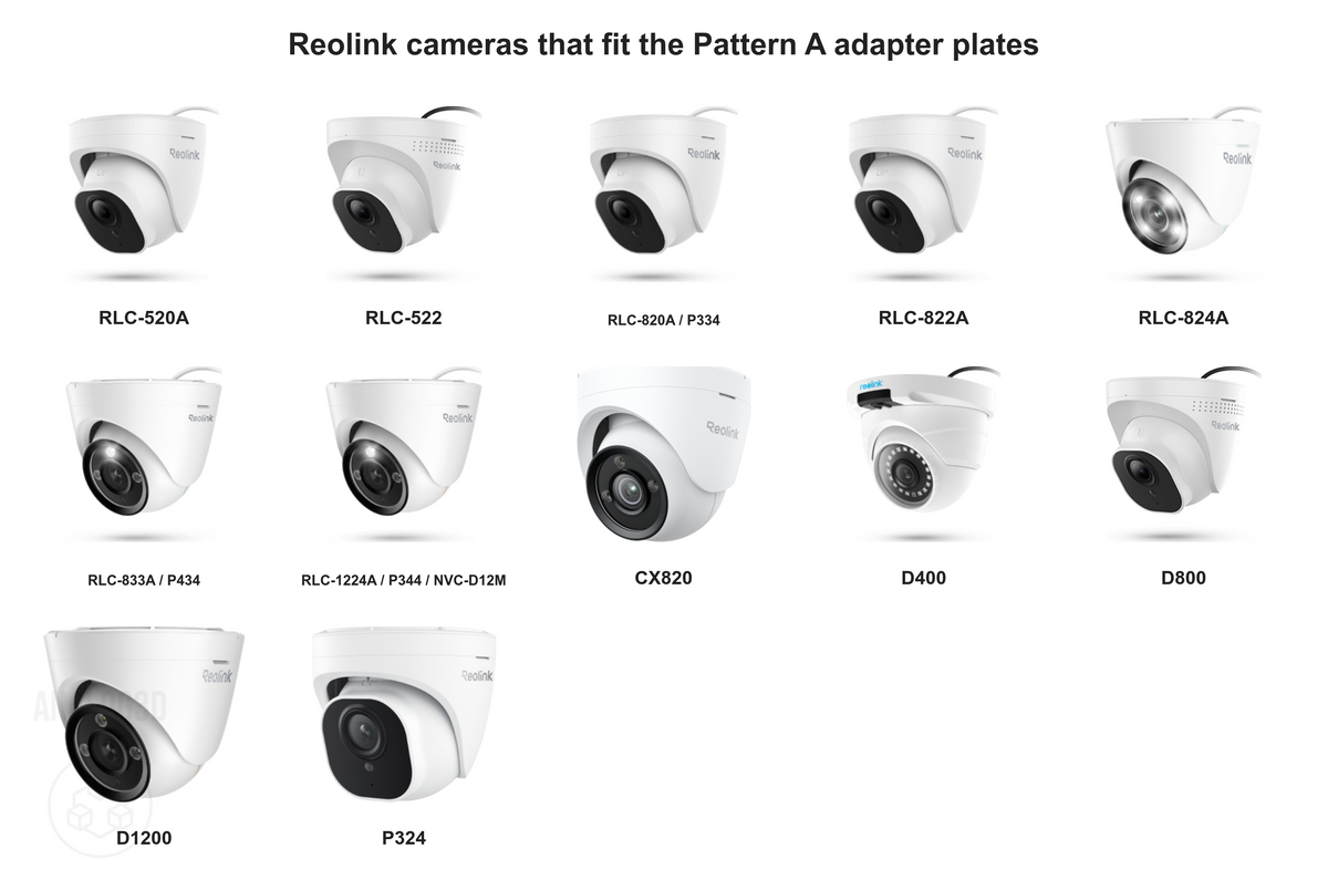 Reolink cameras that fit the Pattern A adapter plates: RLC-520A, RLC-522, RLC-820A / P334, RLC-822A, RLC-824A, RLC-833A / P434, RLC-1224A / P344 / NVC-D12M, CX820, D400, D800, D1200, P324