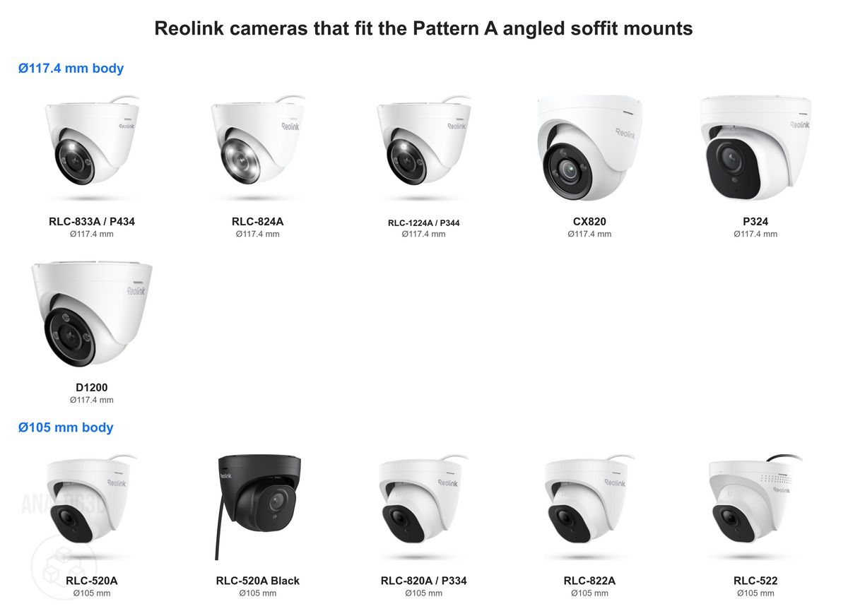 Reolink cameras that fit the Pattern A angled soffit mounts: RLC-833A, 824A, 1224A, CX820, P324, D1200 (117.4 mm body) and RLC-520A, 820A, 822A, 522 (105 mm body)