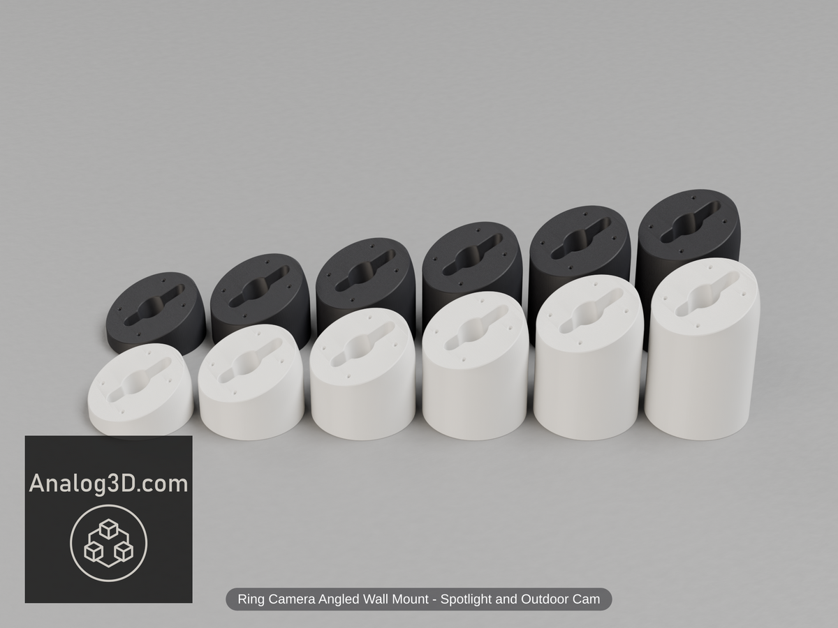 Ring Spotlight and Outdoor Cam angled wall mount, Short to 3 inch extensions, White PETG in front and Black PETG behind, product render