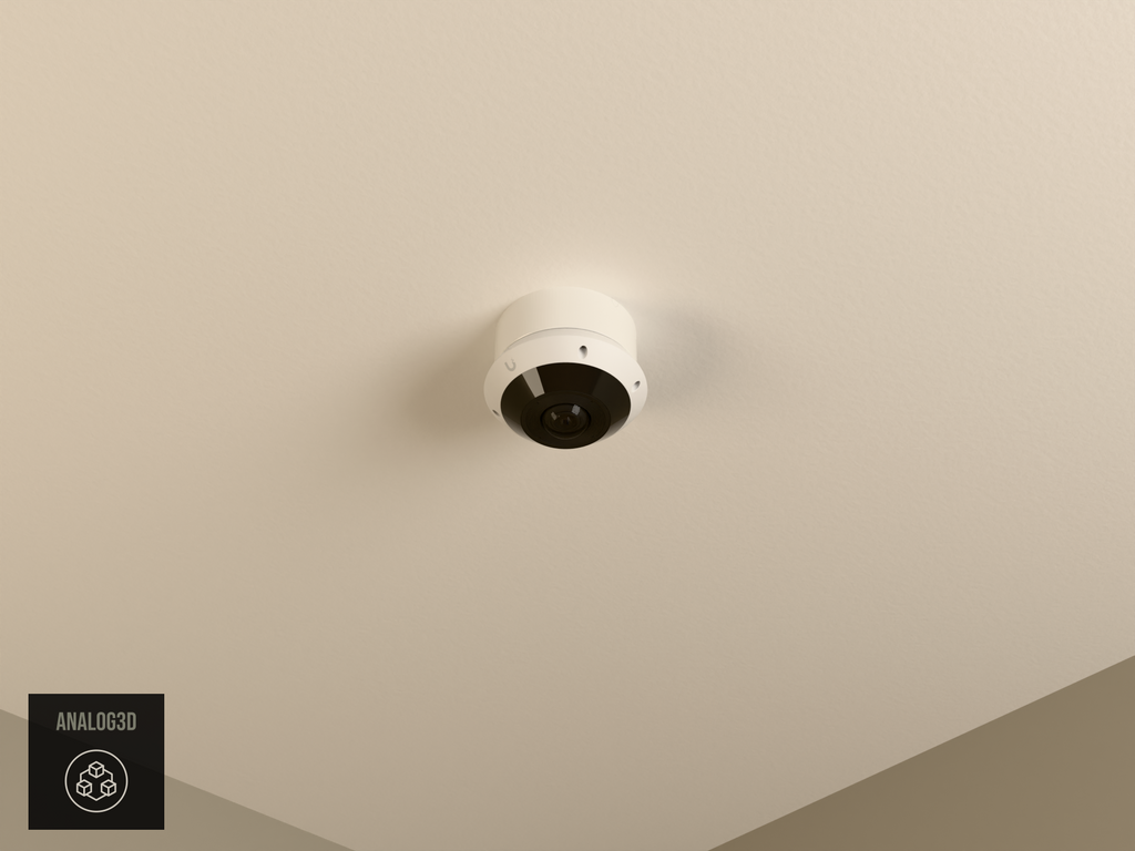 UniFi G6 Pro 360 wall-ceiling mount installed on a drywall ceiling, White PETG