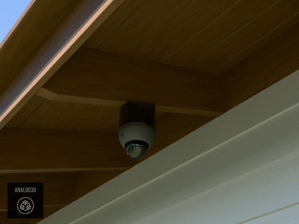 Ubiquiti UVC-AI-Dome black edition on black PETG angled rafter tail mount installed on an exposed rafter tail in daylight, 4in extension at 4/12 pitch