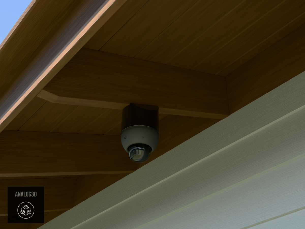 Ubiquiti UVC-AI-Dome black edition on black PETG angled rafter tail mount installed on an exposed rafter tail in daylight, 4in extension at 4/12 pitch