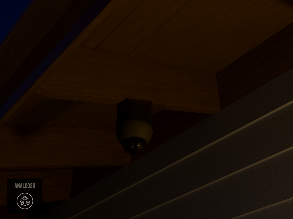 Ubiquiti UVC-AI-Dome black edition on black PETG angled rafter tail mount installed on an exposed rafter tail at night, 4in extension at 4/12 pitch
