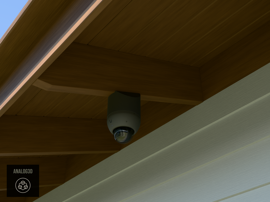 Ubiquiti UVC-AI-Dome black edition on black PETG carbon fiber angled rafter tail mount installed on an exposed rafter tail in daylight, 4in extension at 4/12 pitch