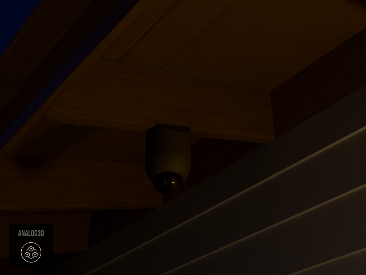Ubiquiti UVC-AI-Dome black edition on black PETG carbon fiber angled rafter tail mount installed on an exposed rafter tail at night, 4in extension at 4/12 pitch
