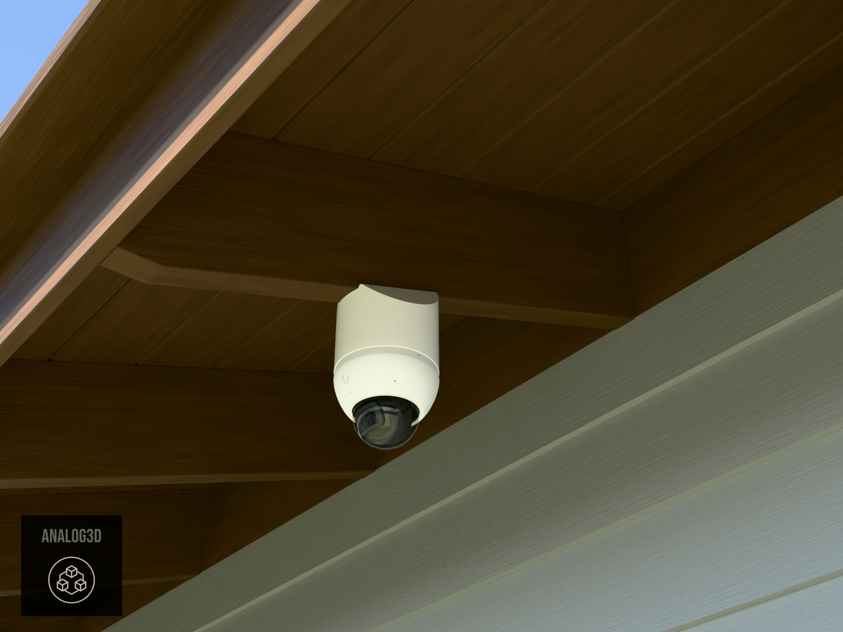 Ubiquiti UVC-AI-Dome on white PETG angled rafter tail mount installed on an exposed rafter tail in daylight, 4in extension at 4/12 pitch