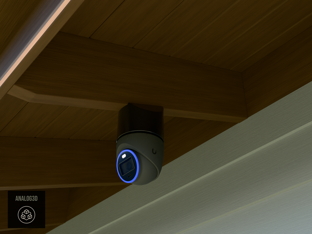 Ubiquiti UVC-AI-Turret black edition on black PETG angled rafter tail mount installed on an exposed rafter tail in daylight, 4in extension at 4/12 pitch