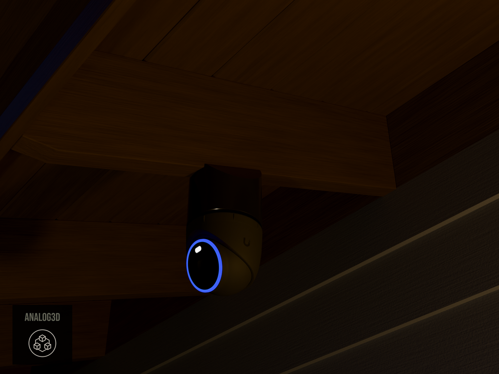 Ubiquiti UVC-AI-Turret black edition on black PETG angled rafter tail mount installed on an exposed rafter tail at night, 4in extension at 4/12 pitch