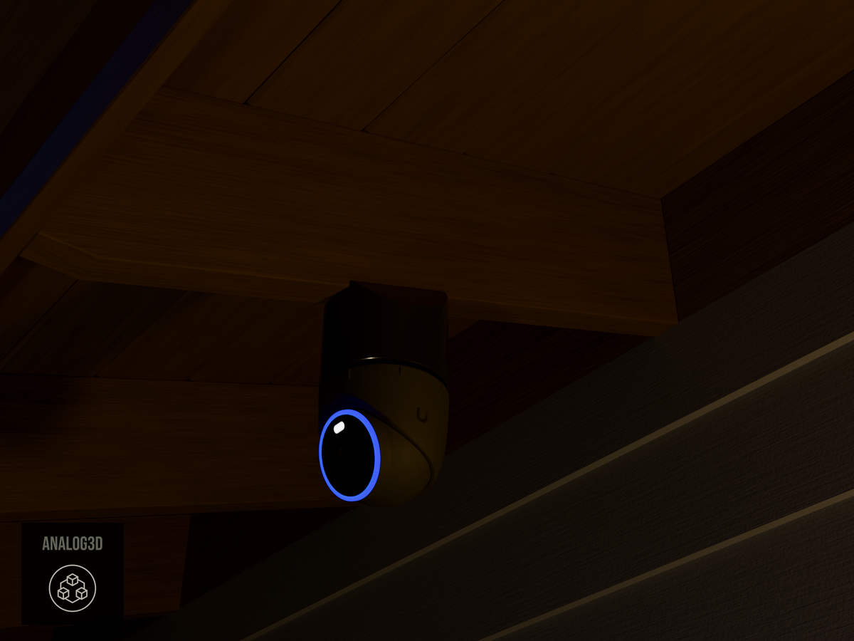 Ubiquiti UVC-AI-Turret black edition on black PETG angled rafter tail mount installed on an exposed rafter tail at night, 4in extension at 4/12 pitch