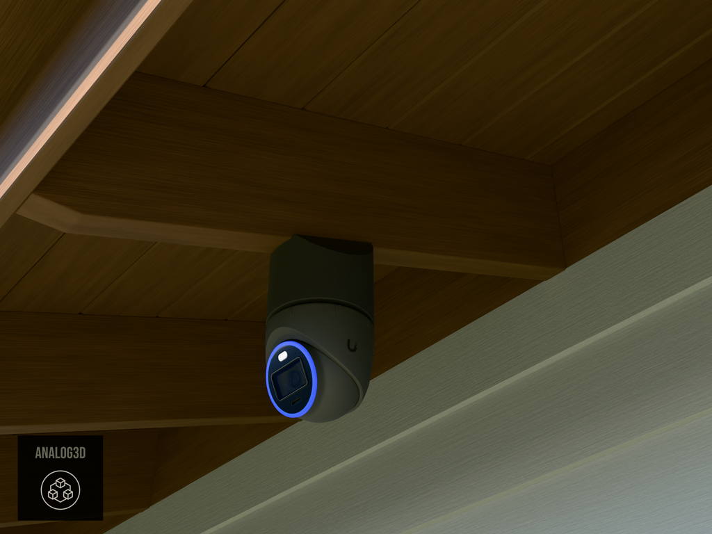 Ubiquiti UVC-AI-Turret black edition on black PETG carbon fiber angled rafter tail mount installed on an exposed rafter tail in daylight, 4in extension at 4/12 pitch