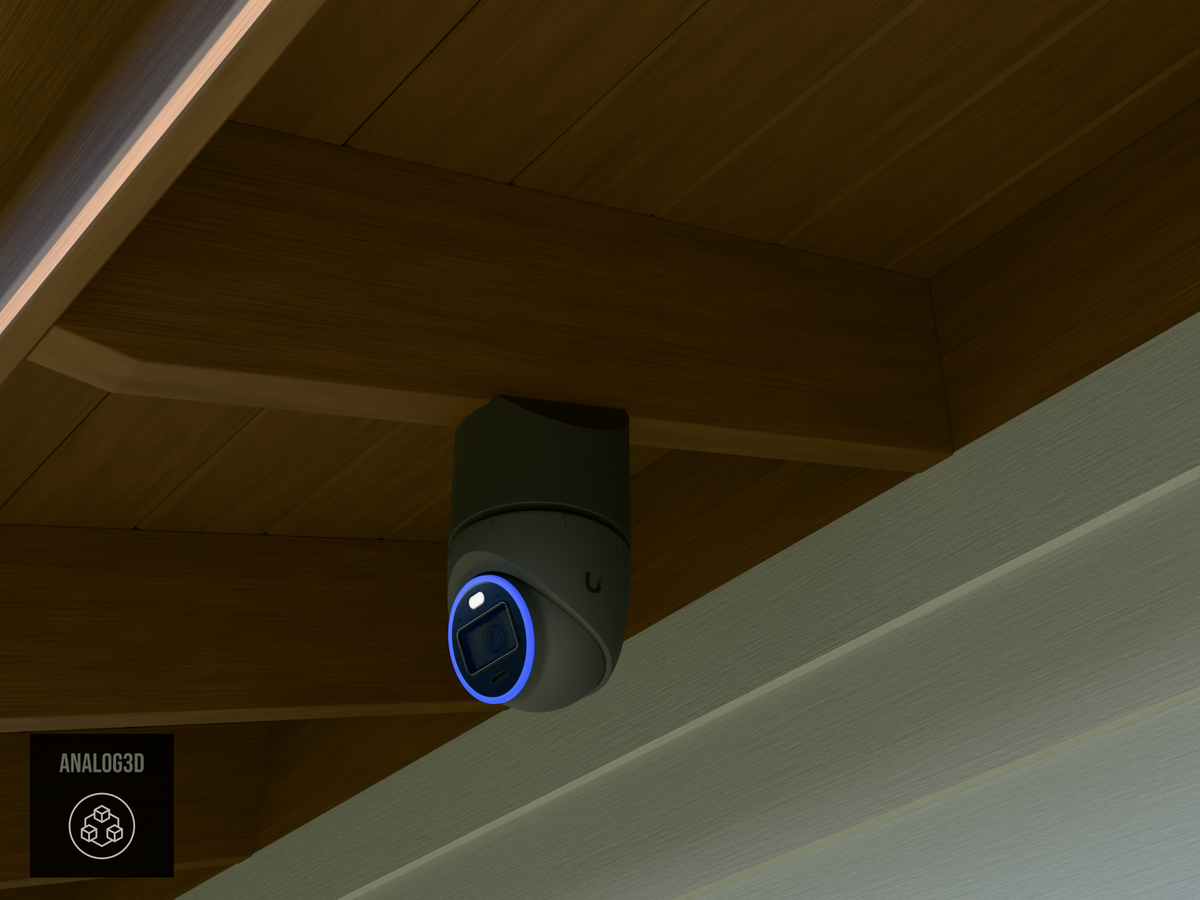 Ubiquiti UVC-AI-Turret black edition on black PETG carbon fiber angled rafter tail mount installed on an exposed rafter tail in daylight, 4in extension at 4/12 pitch