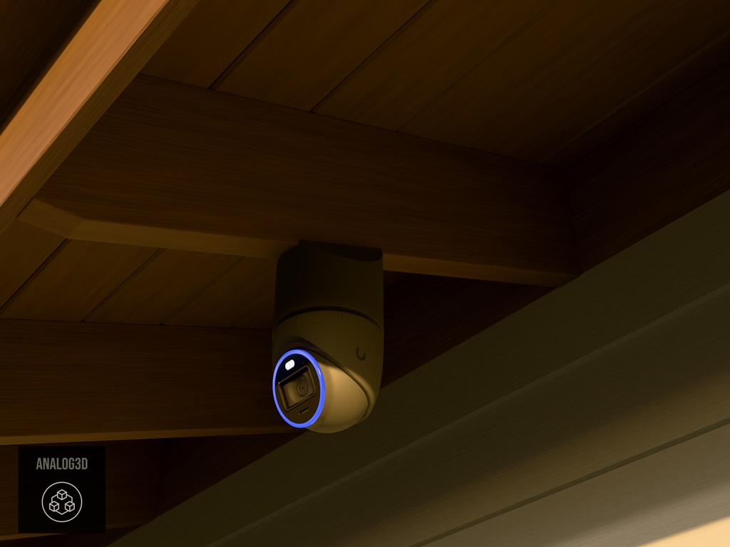 Ubiquiti UVC-AI-Turret black edition on black PETG carbon fiber angled rafter tail mount installed on an exposed rafter tail at golden hour, 4in extension at 4/12 pitch