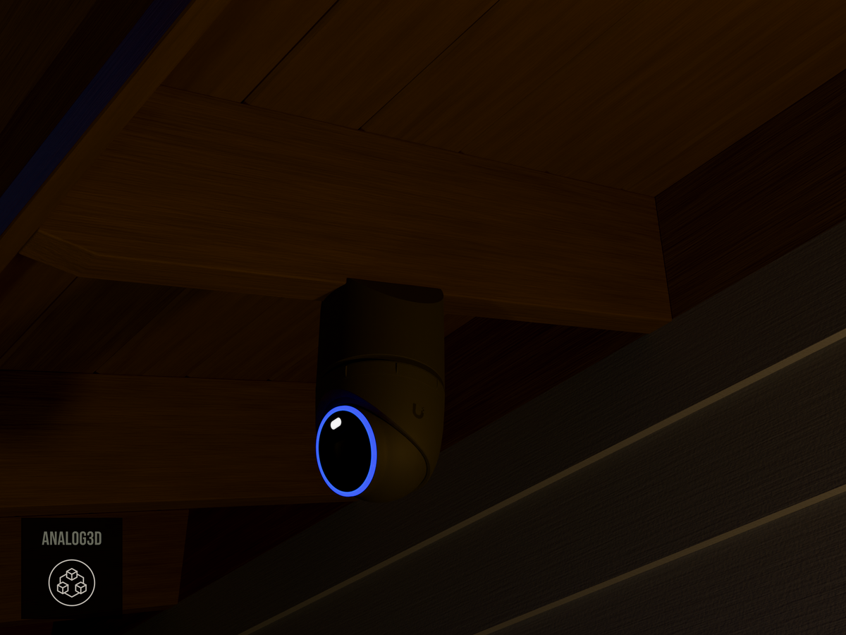 Ubiquiti UVC-AI-Turret black edition on black PETG carbon fiber angled rafter tail mount installed on an exposed rafter tail at night, 4in extension at 4/12 pitch