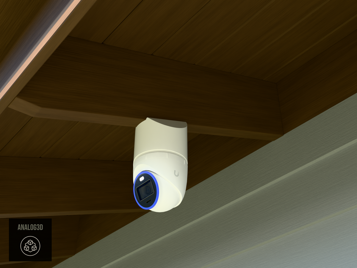 Ubiquiti UVC-AI-Turret on white PETG angled rafter tail mount installed on an exposed rafter tail in daylight, 4in extension at 4/12 pitch