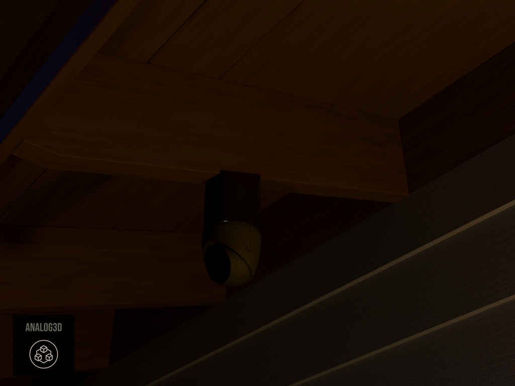 Ubiquiti UVC-G5-Turret-Ultra black edition on black PETG angled rafter tail mount installed on an exposed rafter tail at night, 4in extension at 4/12 pitch