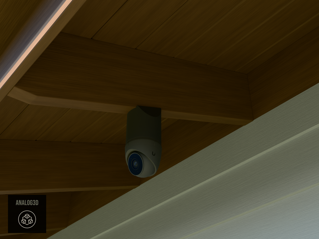 Ubiquiti UVC-G5-Turret-Ultra black edition on black PETG carbon fiber angled rafter tail mount installed on an exposed rafter tail in daylight, 4in extension at 4/12 pitch