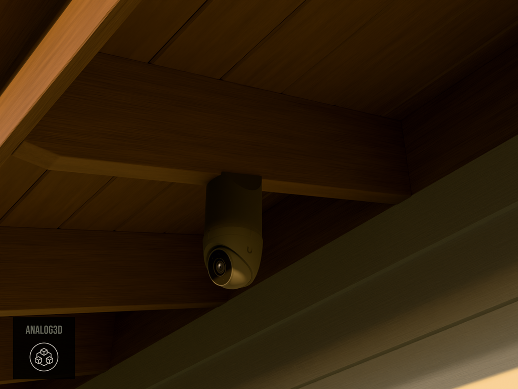 Ubiquiti UVC-G5-Turret-Ultra black edition on black PETG carbon fiber angled rafter tail mount installed on an exposed rafter tail at golden hour, 4in extension at 4/12 pitch