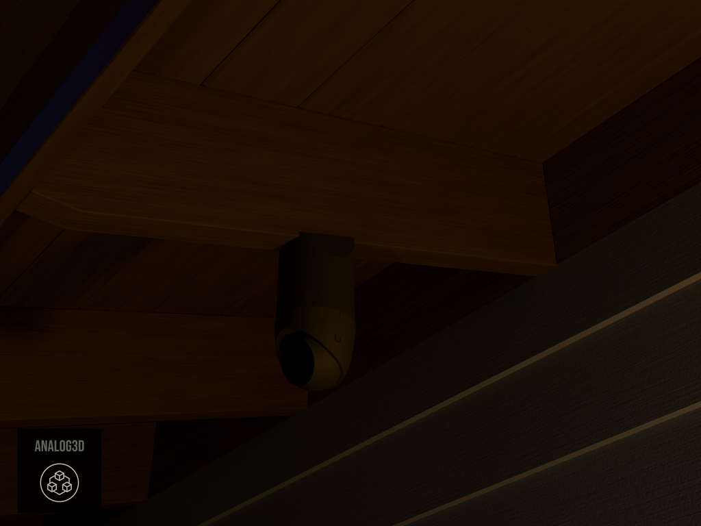 Ubiquiti UVC-G5-Turret-Ultra black edition on black PETG carbon fiber angled rafter tail mount installed on an exposed rafter tail at night, 4in extension at 4/12 pitch