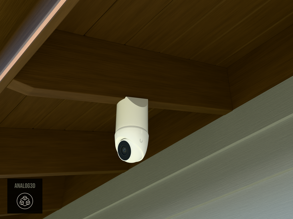 Ubiquiti UVC-G5-Turret-Ultra on white PETG angled rafter tail mount installed on an exposed rafter tail in daylight, 4in extension at 4/12 pitch