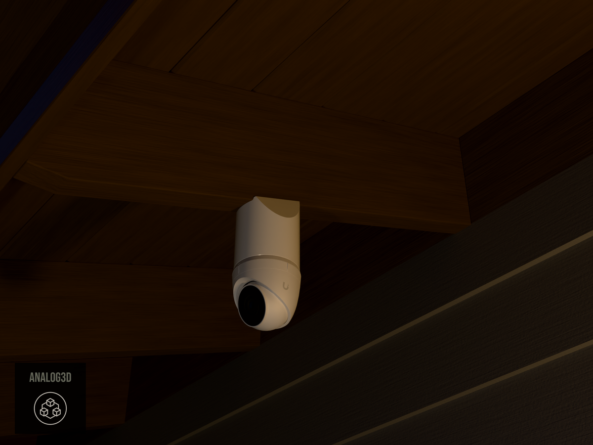 Ubiquiti UVC-G5-Turret-Ultra on white PETG angled rafter tail mount installed on an exposed rafter tail at night, 4in extension at 4/12 pitch