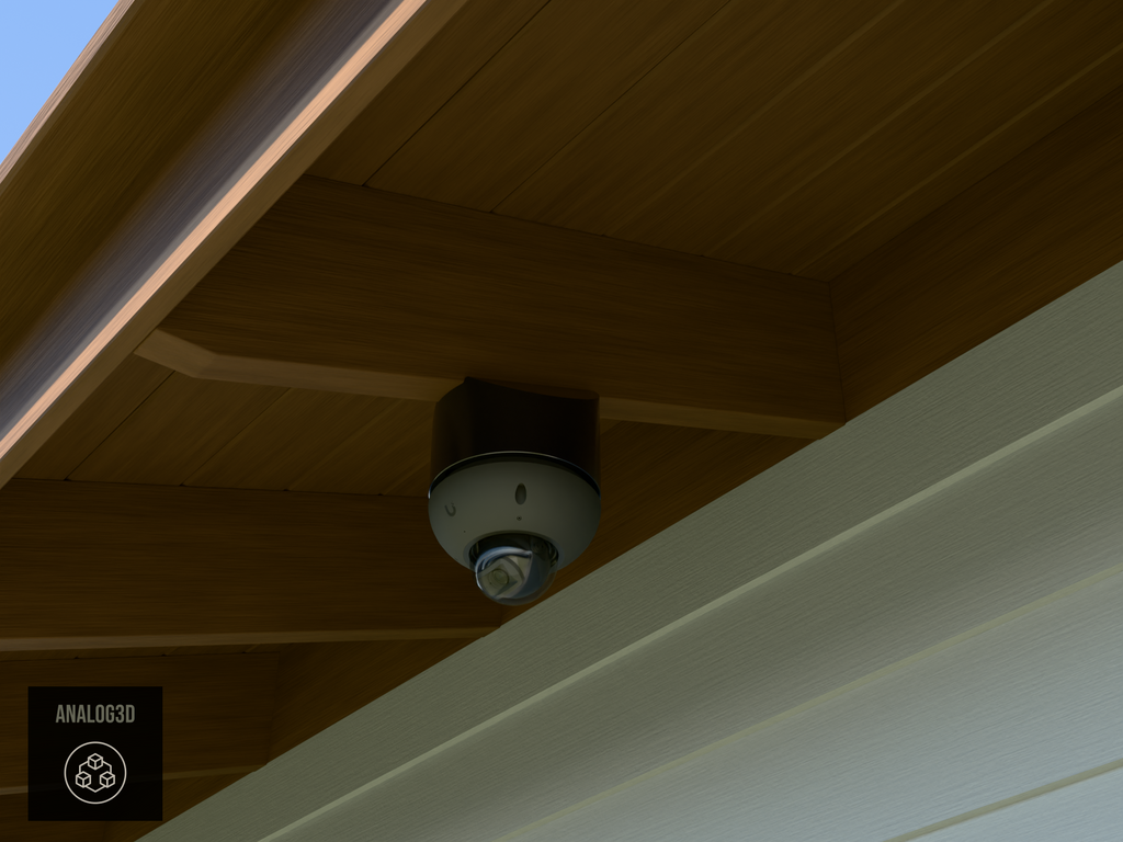 Ubiquiti UVC-G6-Dome black edition on black PETG angled rafter tail mount installed on an exposed rafter tail in daylight, 4in extension at 4/12 pitch