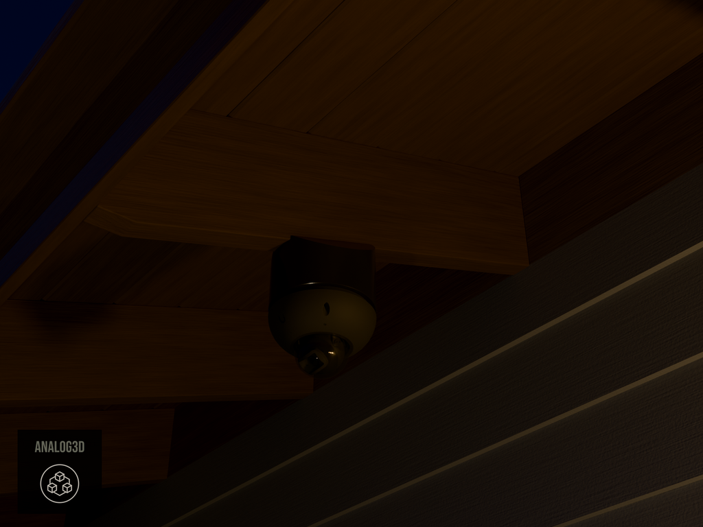 Ubiquiti UVC-G6-Dome black edition on black PETG angled rafter tail mount installed on an exposed rafter tail at night, 4in extension at 4/12 pitch