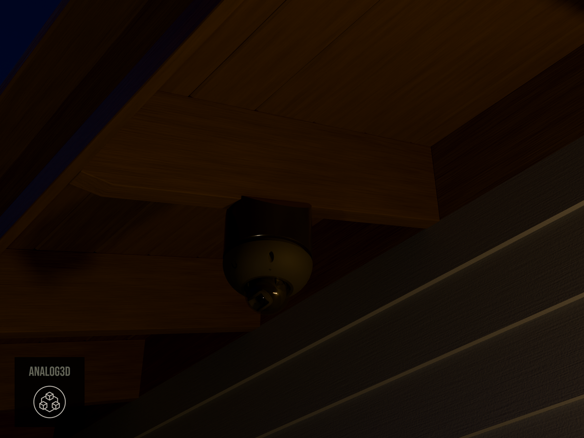 Ubiquiti UVC-G6-Dome black edition on black PETG angled rafter tail mount installed on an exposed rafter tail at night, 4in extension at 4/12 pitch
