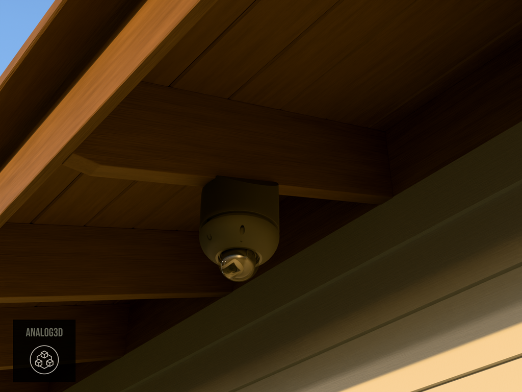 Ubiquiti UVC-G6-Dome black edition on black PETG carbon fiber angled rafter tail mount installed on an exposed rafter tail at golden hour, 4in extension at 4/12 pitch