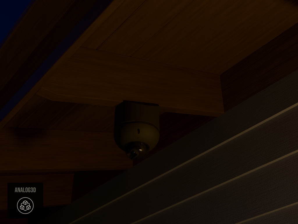 Ubiquiti UVC-G6-Dome black edition on black PETG carbon fiber angled rafter tail mount installed on an exposed rafter tail at night, 4in extension at 4/12 pitch