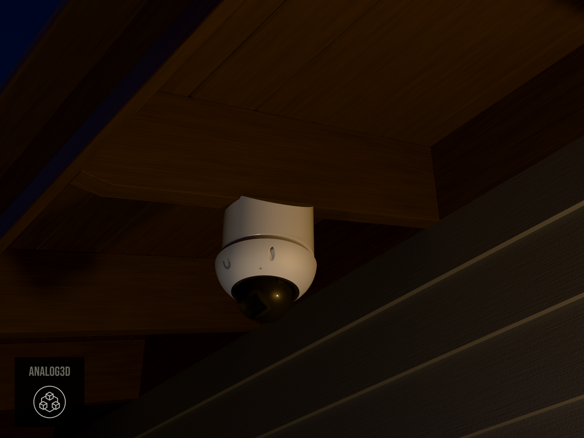 Ubiquiti UVC-G6-Edge-Dome on white PETG angled rafter tail mount installed on an exposed rafter tail at night, 4in extension at 4/12 pitch