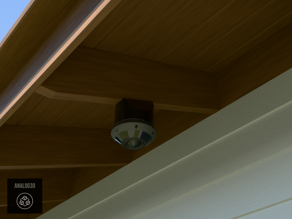 Ubiquiti UVC-G6-Pro-360 black edition on black PETG angled rafter tail mount installed on an exposed rafter tail in daylight, 4in extension at 4/12 pitch