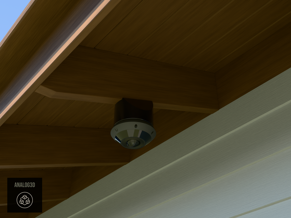 Ubiquiti UVC-G6-Pro-360 black edition on black PETG angled rafter tail mount installed on an exposed rafter tail in daylight, 4in extension at 4/12 pitch