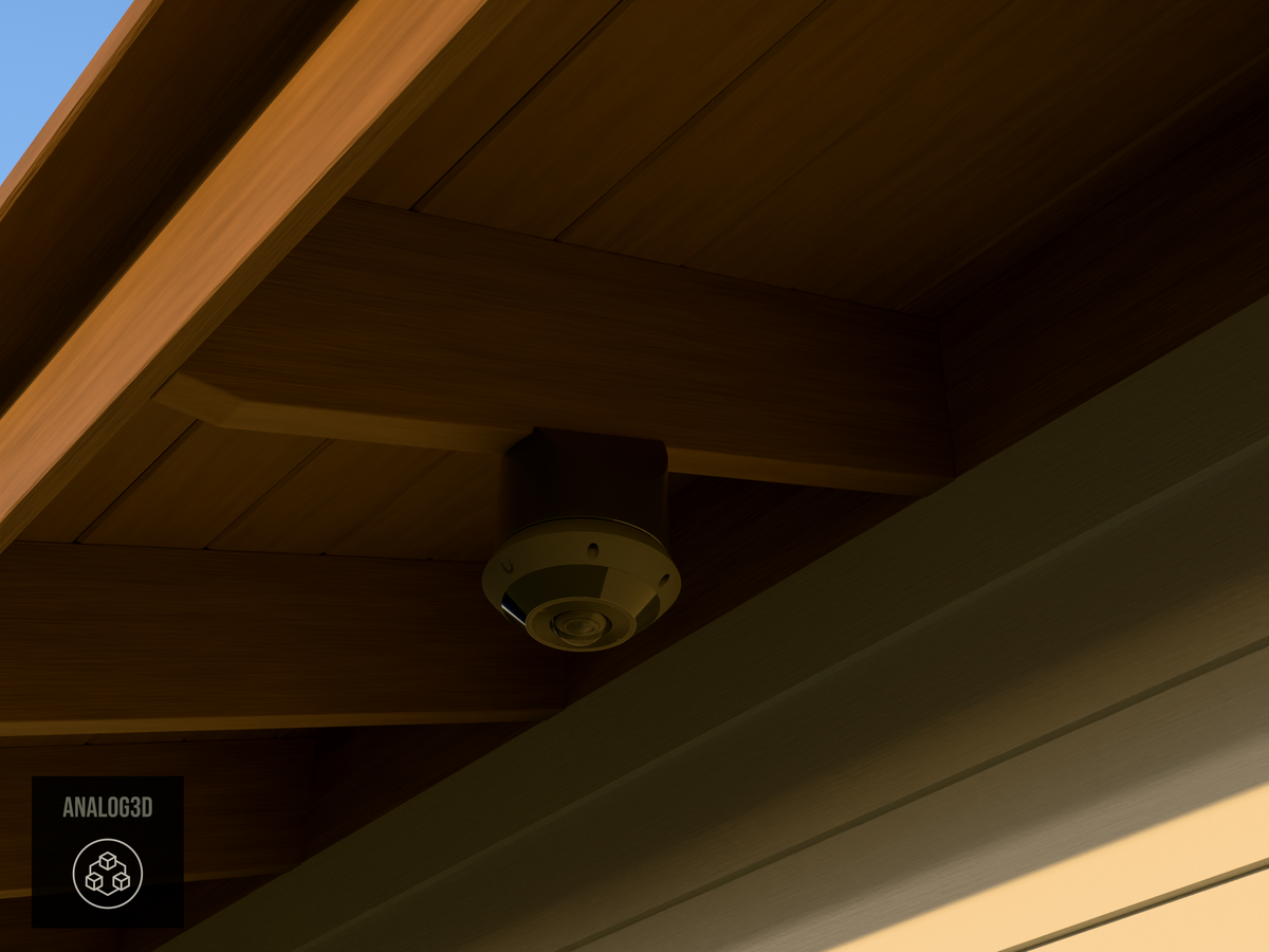 Ubiquiti UVC-G6-Pro-360 black edition on black PETG angled rafter tail mount installed on an exposed rafter tail at golden hour, 4in extension at 4/12 pitch