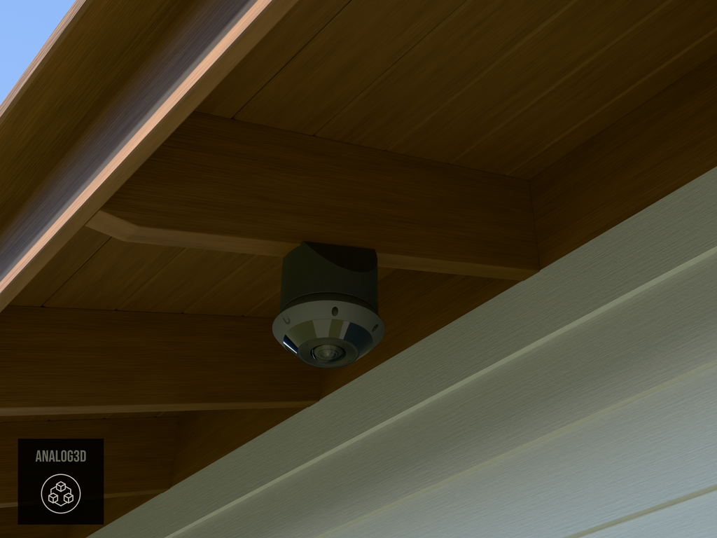 Ubiquiti UVC-G6-Pro-360 black edition on black PETG carbon fiber angled rafter tail mount installed on an exposed rafter tail in daylight, 4in extension at 4/12 pitch