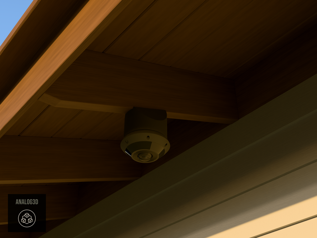 Ubiquiti UVC-G6-Pro-360 black edition on black PETG carbon fiber angled rafter tail mount installed on an exposed rafter tail at golden hour, 4in extension at 4/12 pitch