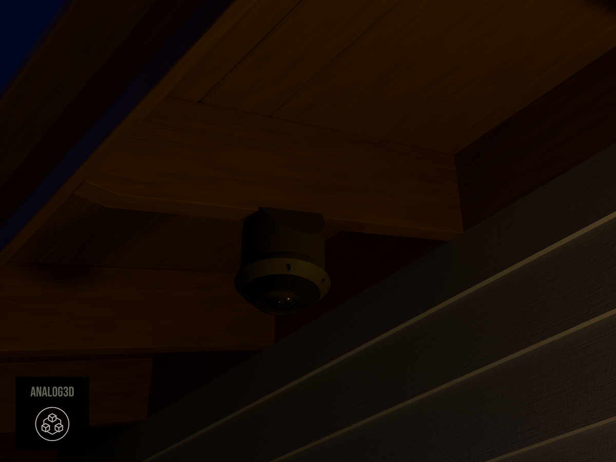 Ubiquiti UVC-G6-Pro-360 black edition on black PETG carbon fiber angled rafter tail mount installed on an exposed rafter tail at night, 4in extension at 4/12 pitch
