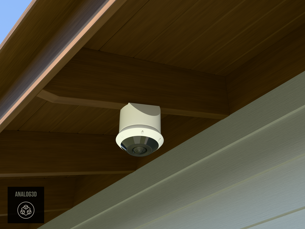 Ubiquiti UVC-G6-Pro-360 on white PETG angled rafter tail mount installed on an exposed rafter tail in daylight, 4in extension at 4/12 pitch