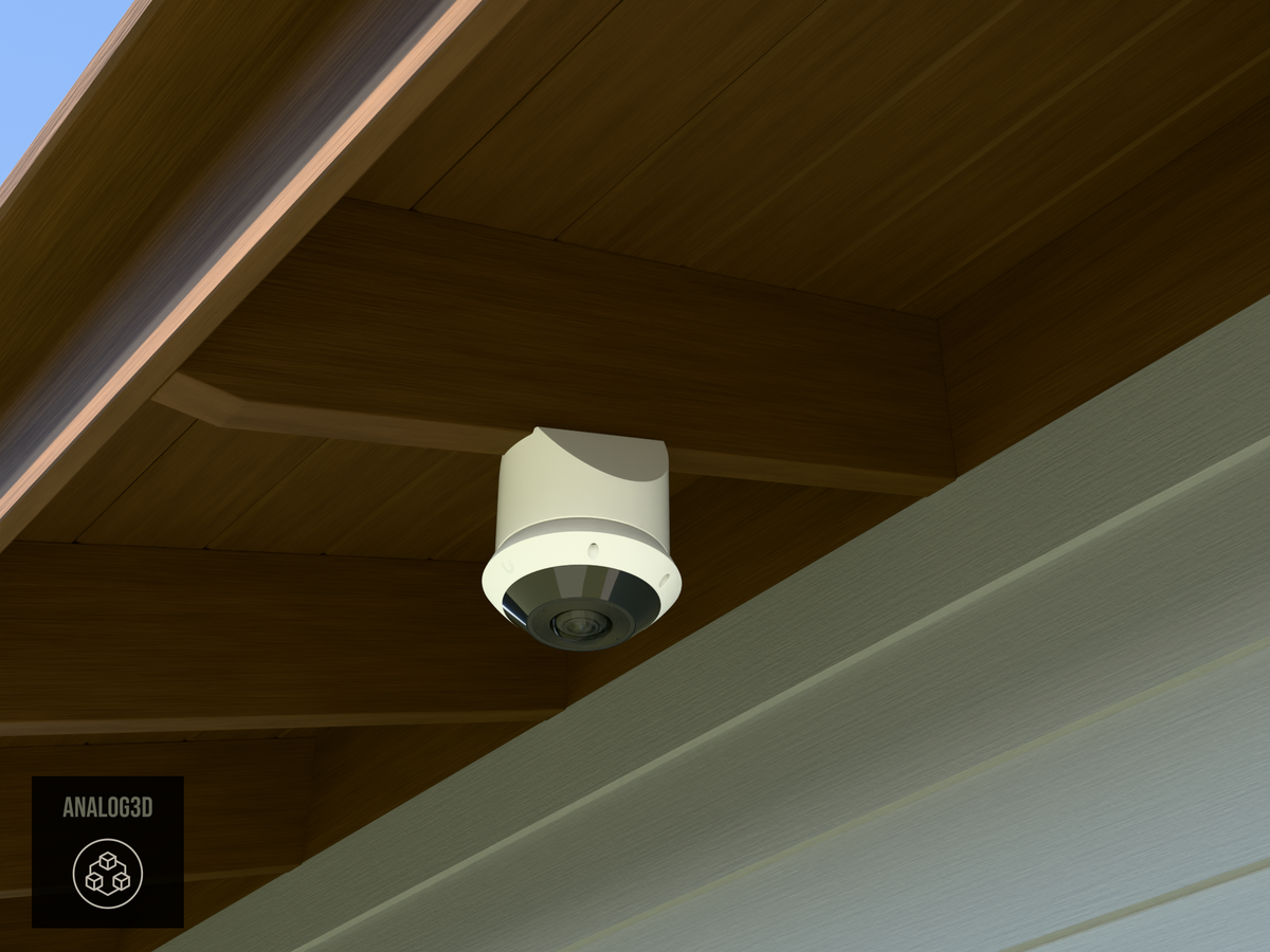 Ubiquiti UVC-G6-Pro-360 on white PETG angled rafter tail mount installed on an exposed rafter tail in daylight, 4in extension at 4/12 pitch