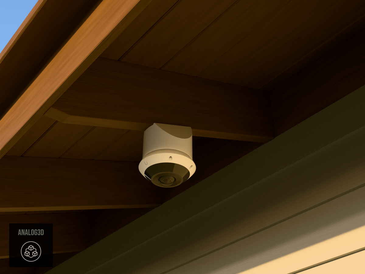 Ubiquiti UVC-G6-Pro-360 on white PETG angled rafter tail mount installed on an exposed rafter tail at golden hour, 4in extension at 4/12 pitch