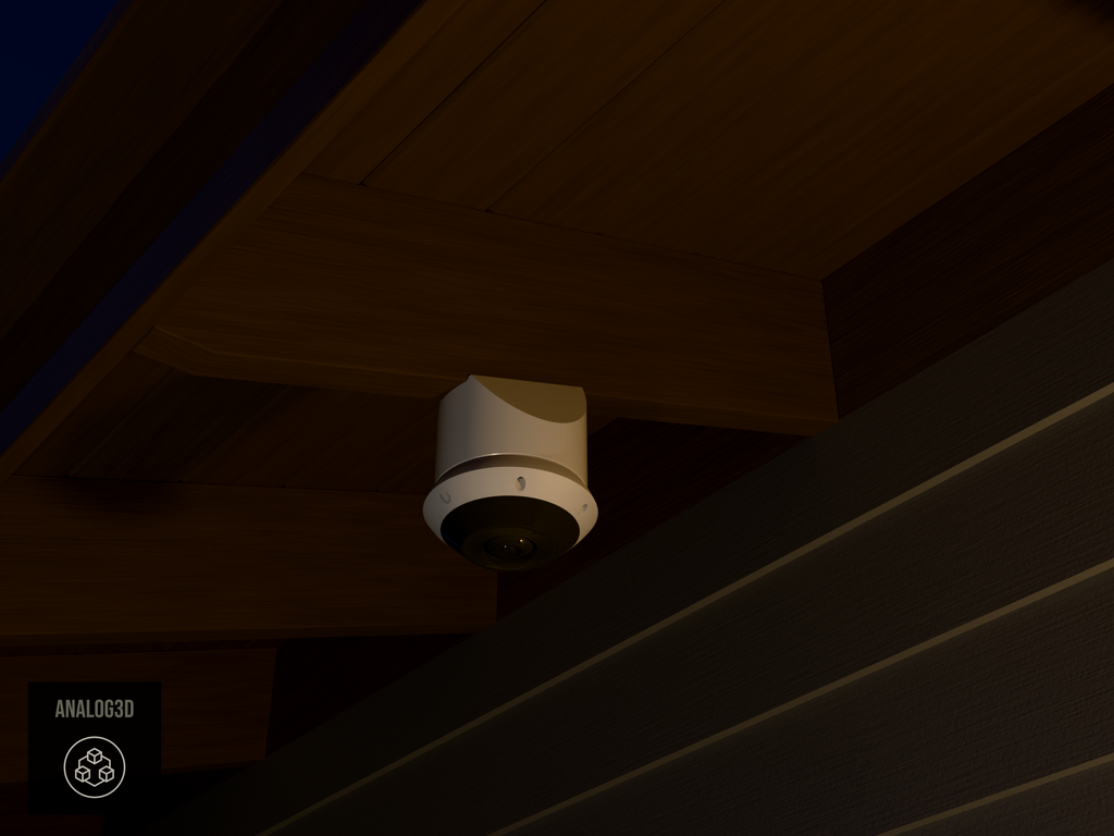 Ubiquiti UVC-G6-Pro-360 on white PETG angled rafter tail mount installed on an exposed rafter tail at night, 4in extension at 4/12 pitch
