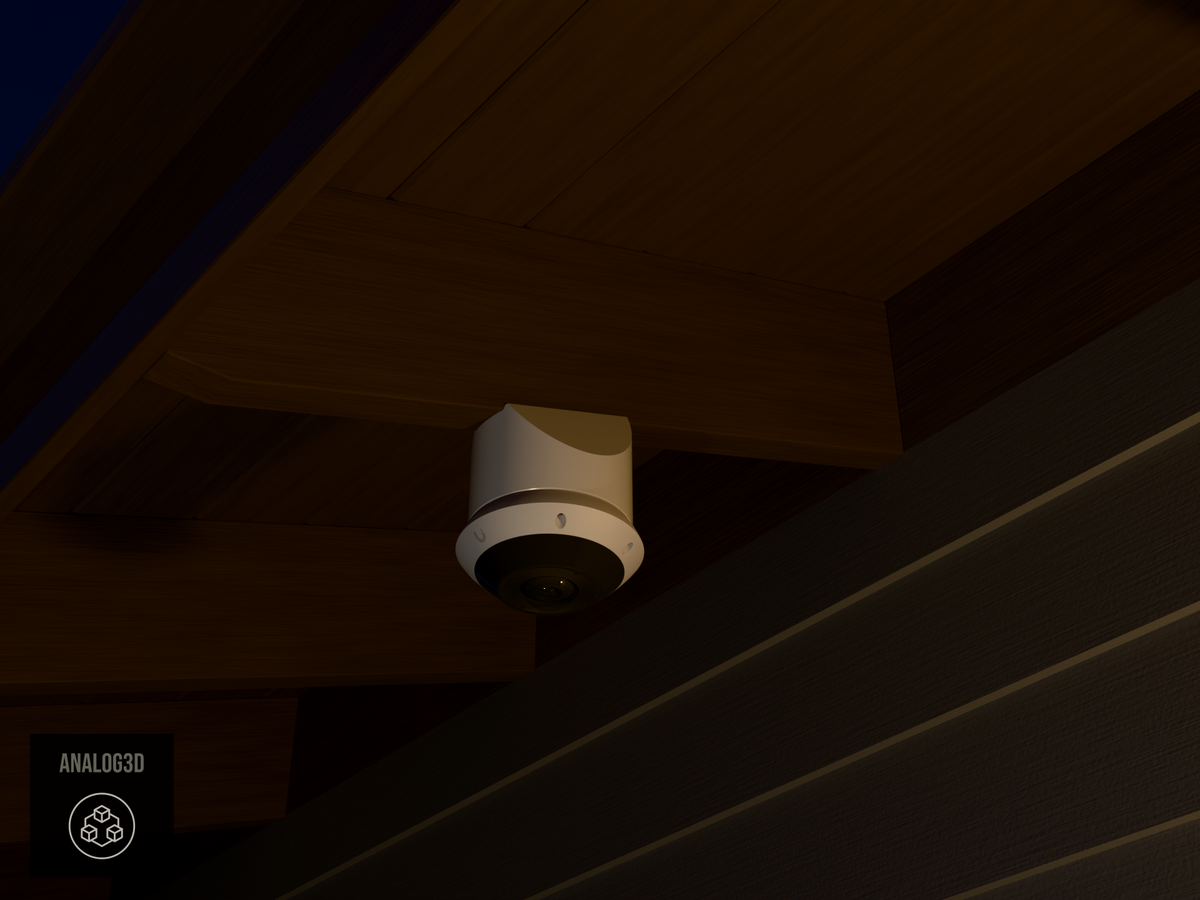 Ubiquiti UVC-G6-Pro-360 on white PETG angled rafter tail mount installed on an exposed rafter tail at night, 4in extension at 4/12 pitch