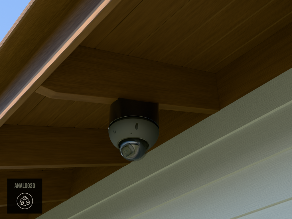 Ubiquiti UVC-G6-Pro-Dome black edition on black PETG angled rafter tail mount installed on an exposed rafter tail in daylight, 4in extension at 4/12 pitch