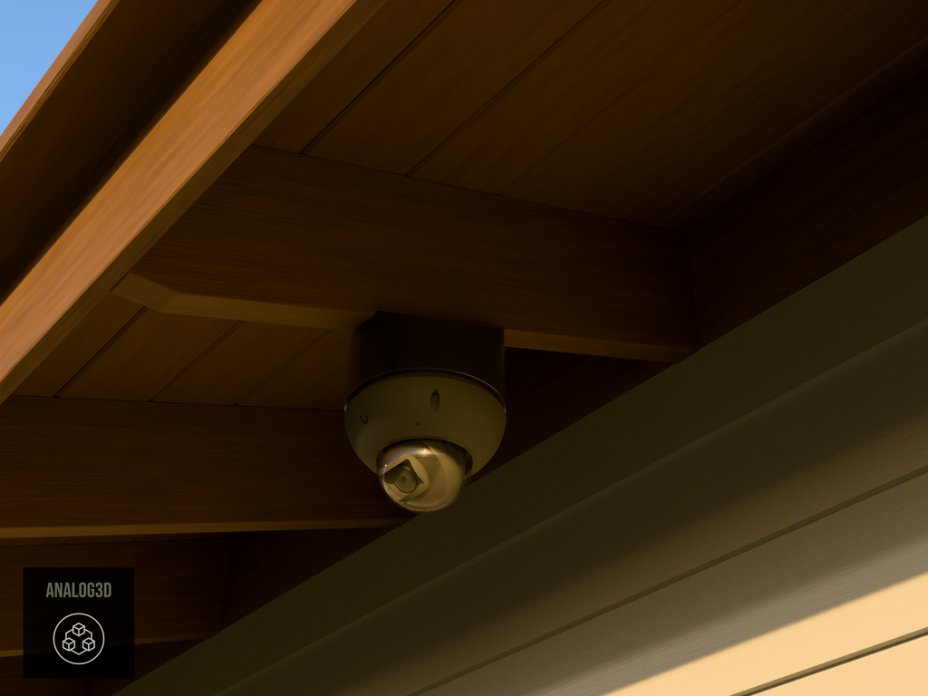 Ubiquiti UVC-G6-Pro-Dome black edition on black PETG angled rafter tail mount installed on an exposed rafter tail at golden hour, 4in extension at 4/12 pitch