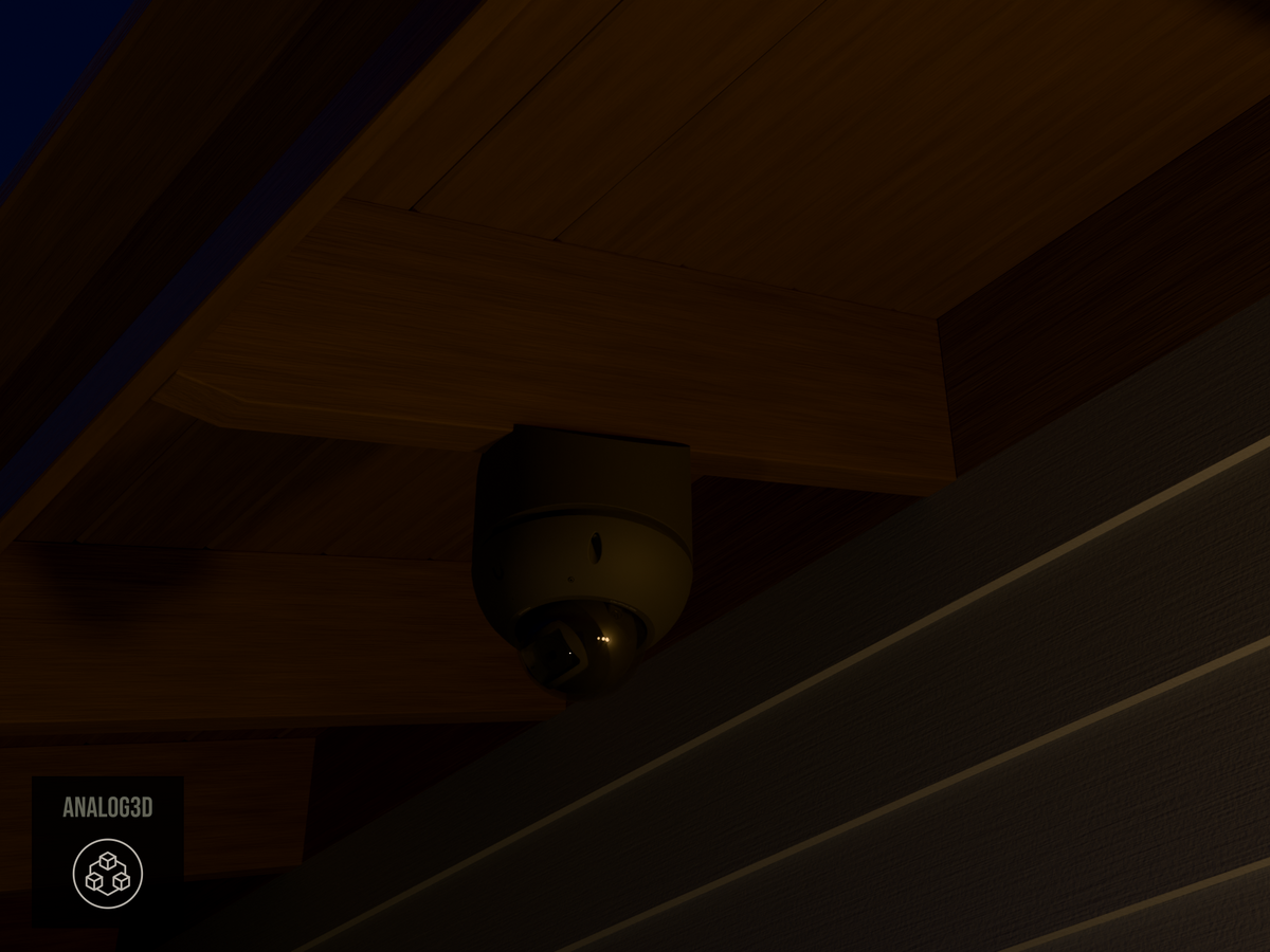 Ubiquiti UVC-G6-Pro-Dome black edition on black PETG carbon fiber angled rafter tail mount installed on an exposed rafter tail at night, 4in extension at 4/12 pitch