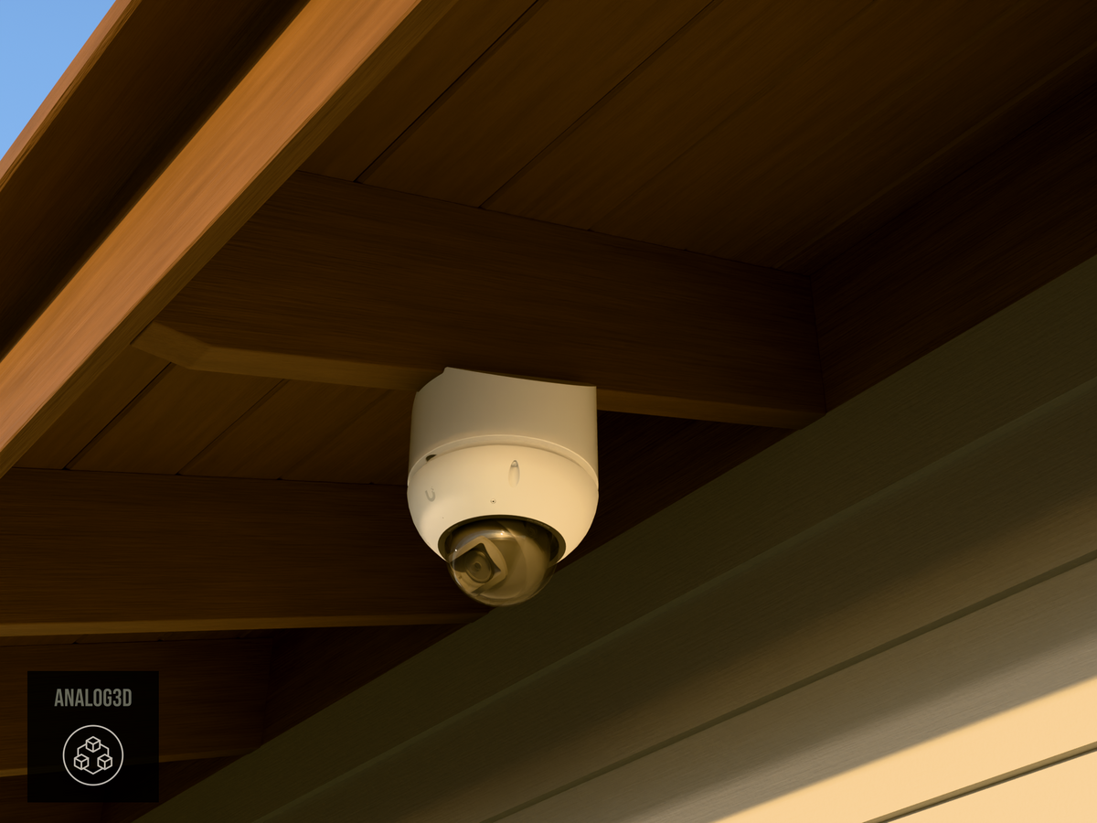 Ubiquiti UVC-G6-Pro-Dome on white PETG angled rafter tail mount installed on an exposed rafter tail at golden hour, 4in extension at 4/12 pitch